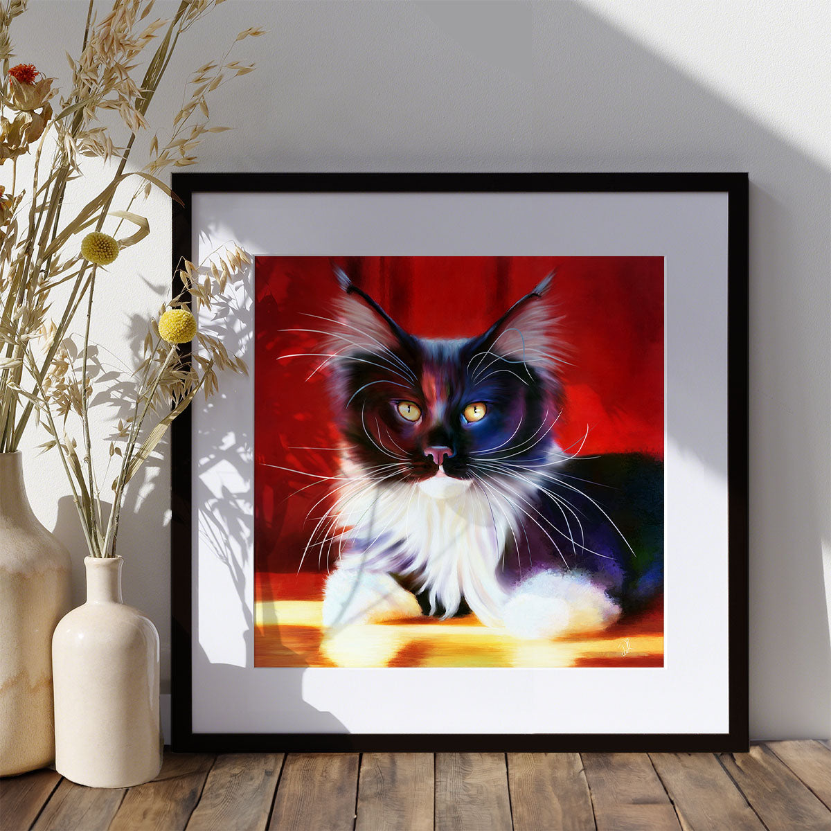 fine art print of a black and white main coon cat on a red background