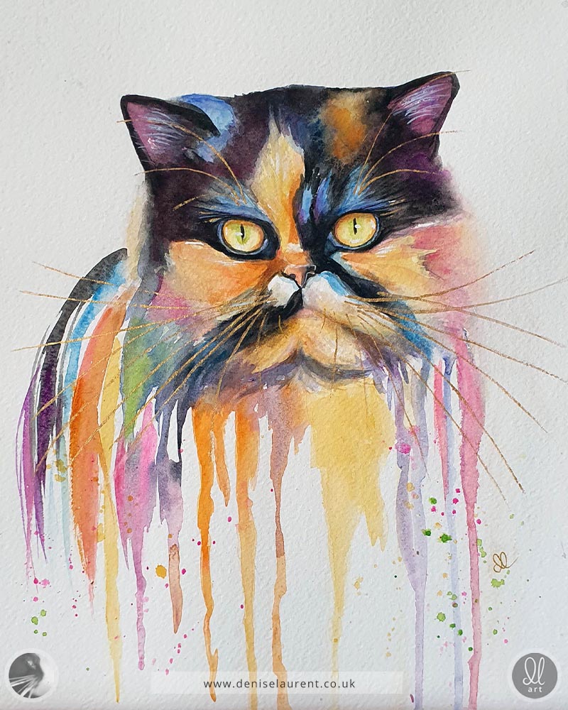 An original watercolour painting of a tortoiseshell cat. She has yellow eyes and her coat is full of colours. The style is impressionistic and the watercolour runs down the page.