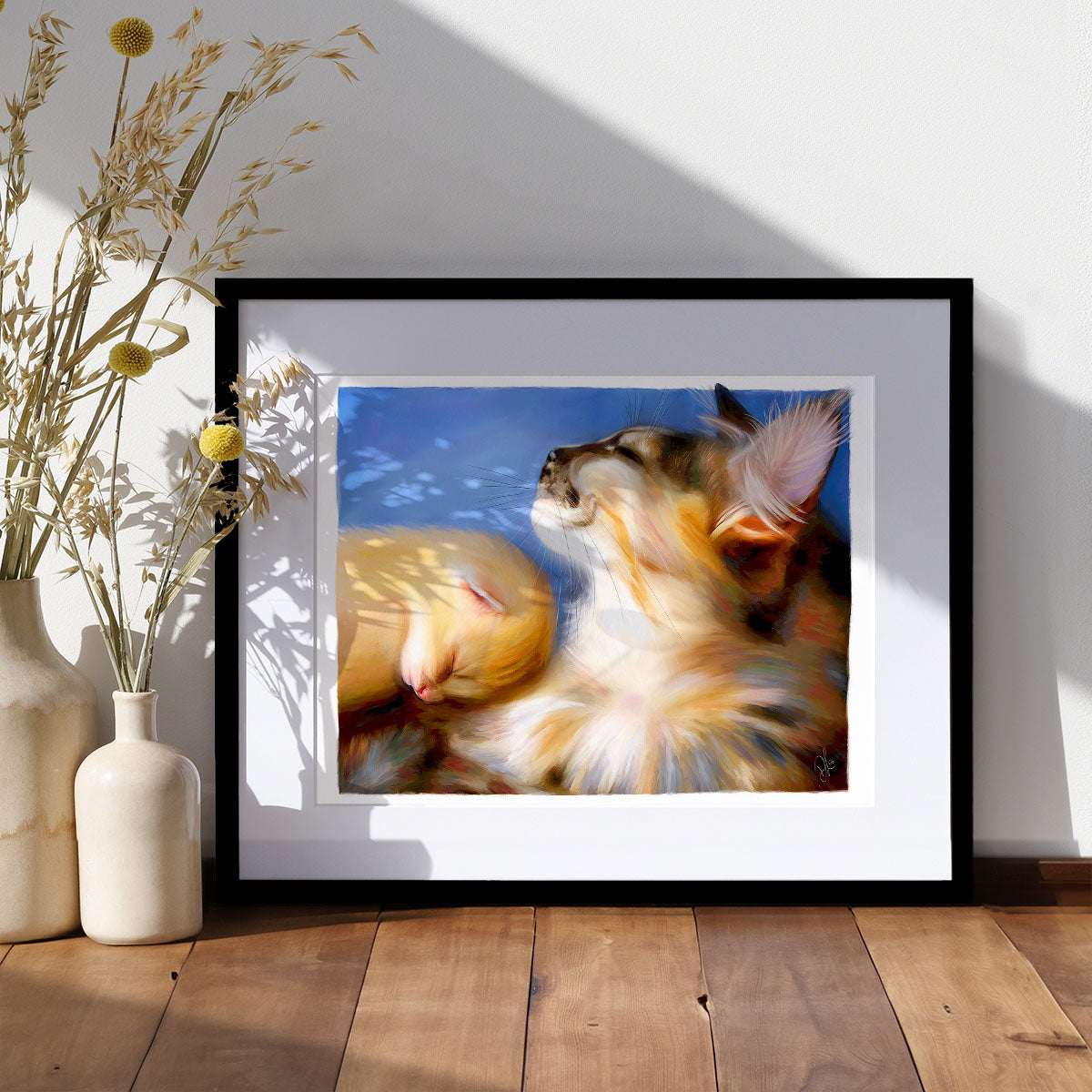 Mother maine coon cat and her ginger kitten art print