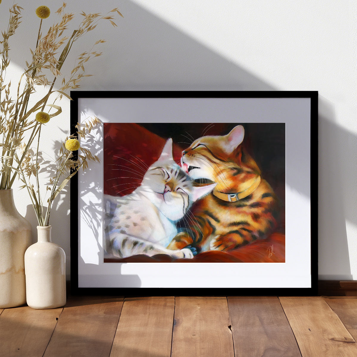 art print of two bengal cats washing each other