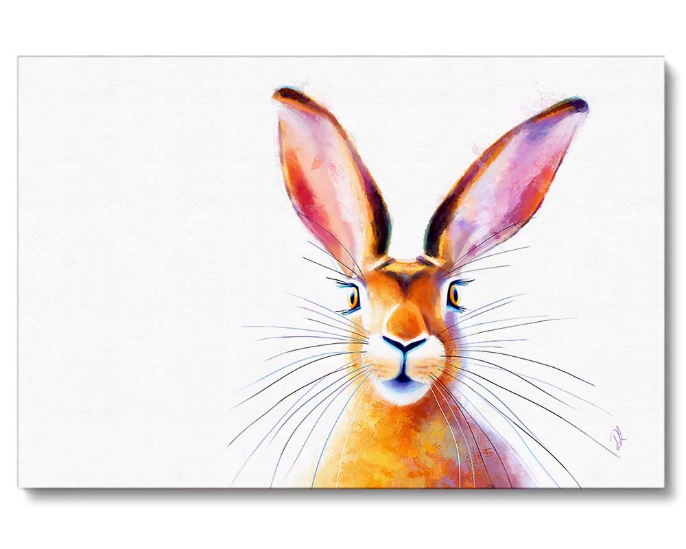 a hare peeking over the frame of the canvas