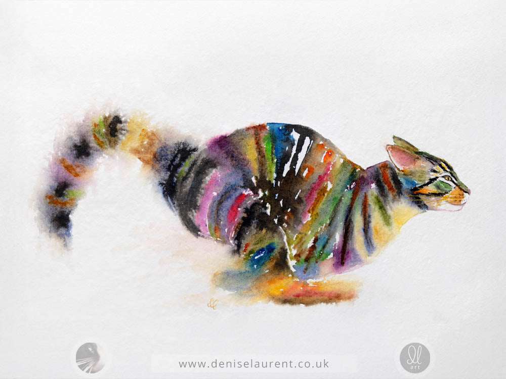 Art print from a watercolor painting of a tabby cat in motion, rendered with vibrant multicolored brushstrokes on a textured white paper background. 