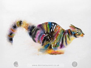 Art print from a watercolor painting of a tabby cat in motion, rendered with vibrant multicolored brushstrokes on a textured white paper background. 