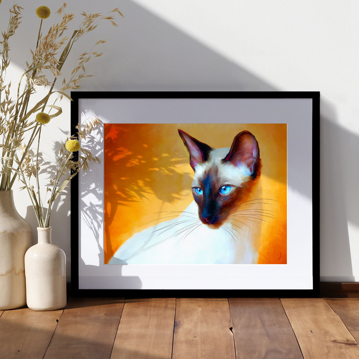 art print of a blue eyed siamese cat on a hot orange background