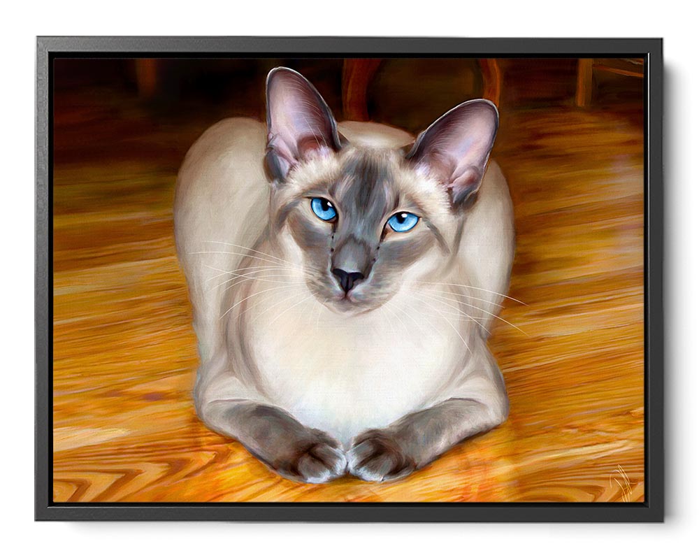 Sitting Pretty - Framed Canvas Print featuring a beautifully Siamese cat on a wooden floor, ideal for cat lovers and home decor.