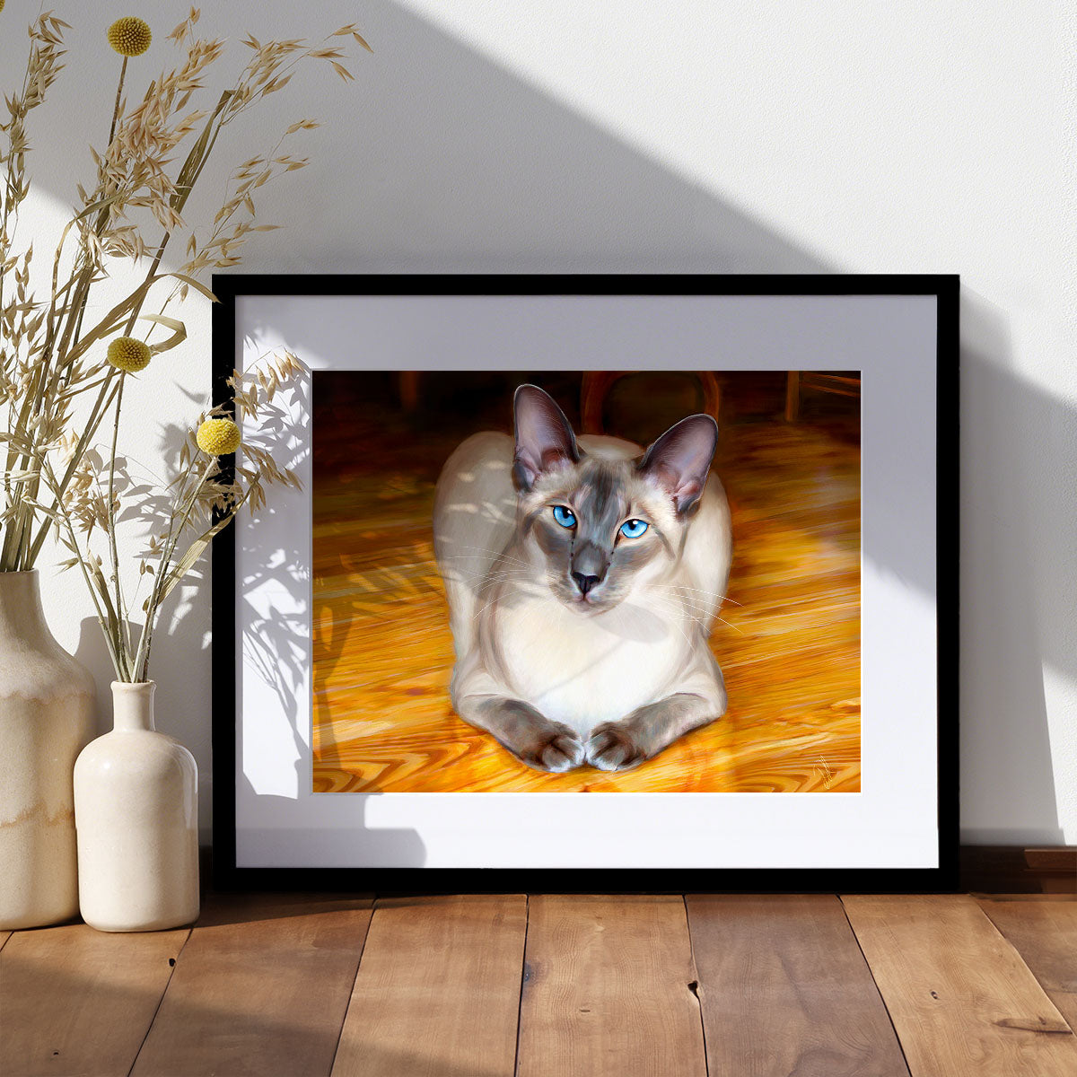 art print of a siamese cat on a polished wood floor