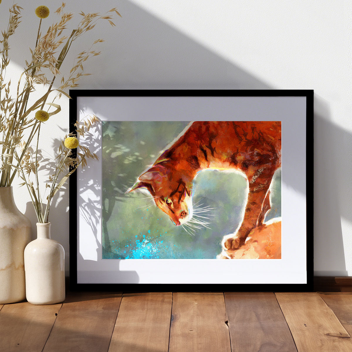 art print of a brown oriental cat watching a splash of water