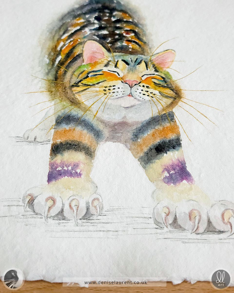 Big Stretch - Tabby Cat Watercolour