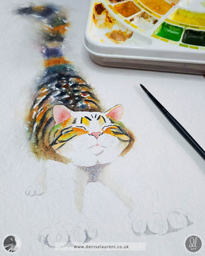 Big Stretch - Tabby Cat Watercolour