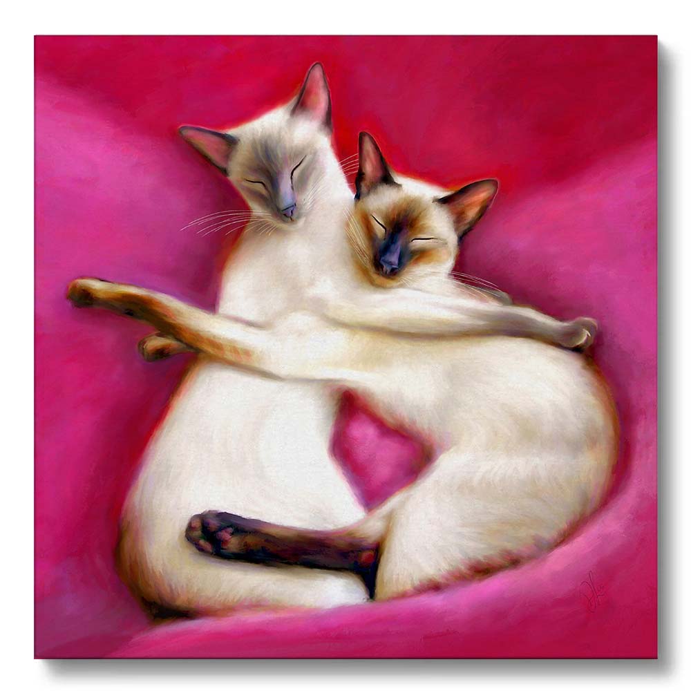 two siamese cats curled up on pink cushions as a canvas print