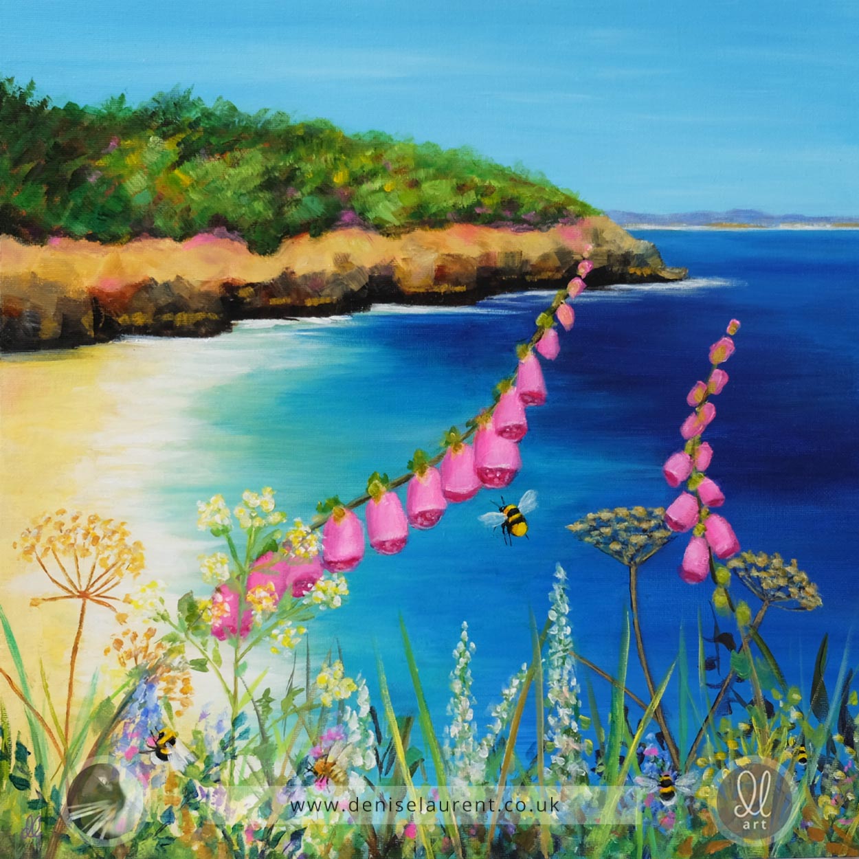Original painting of a coastal scene with foxgloves and wildflowers, bees, and a clear blue sky.