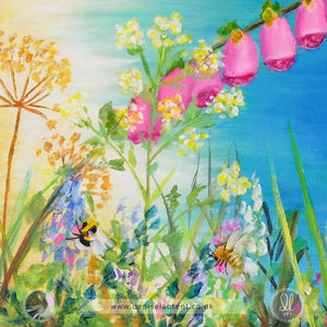 Colorful painting of flowers and bees with a blue sea background