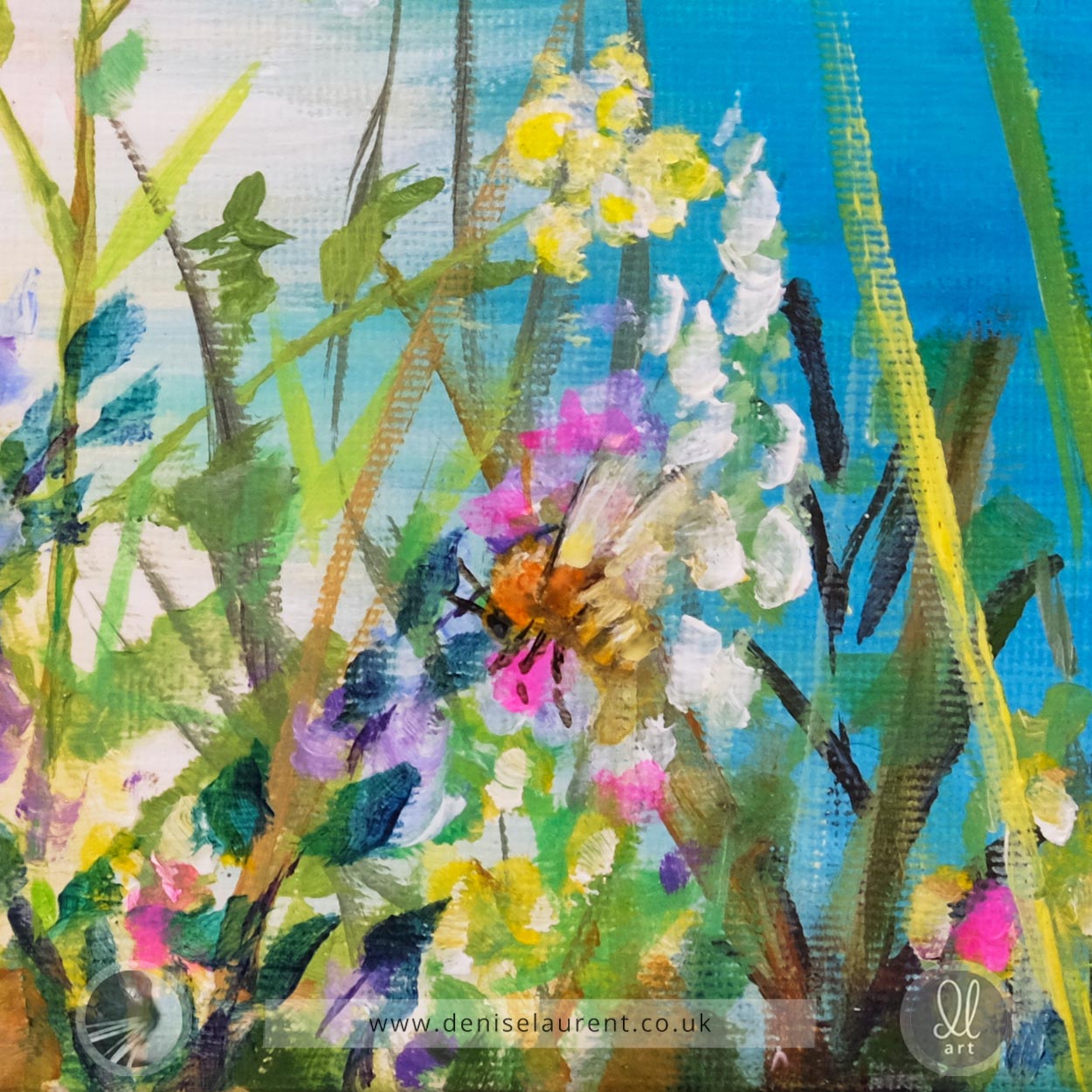 Original painting of a coastal scene with foxgloves and wildflowers, bees, and a clear blue sky.