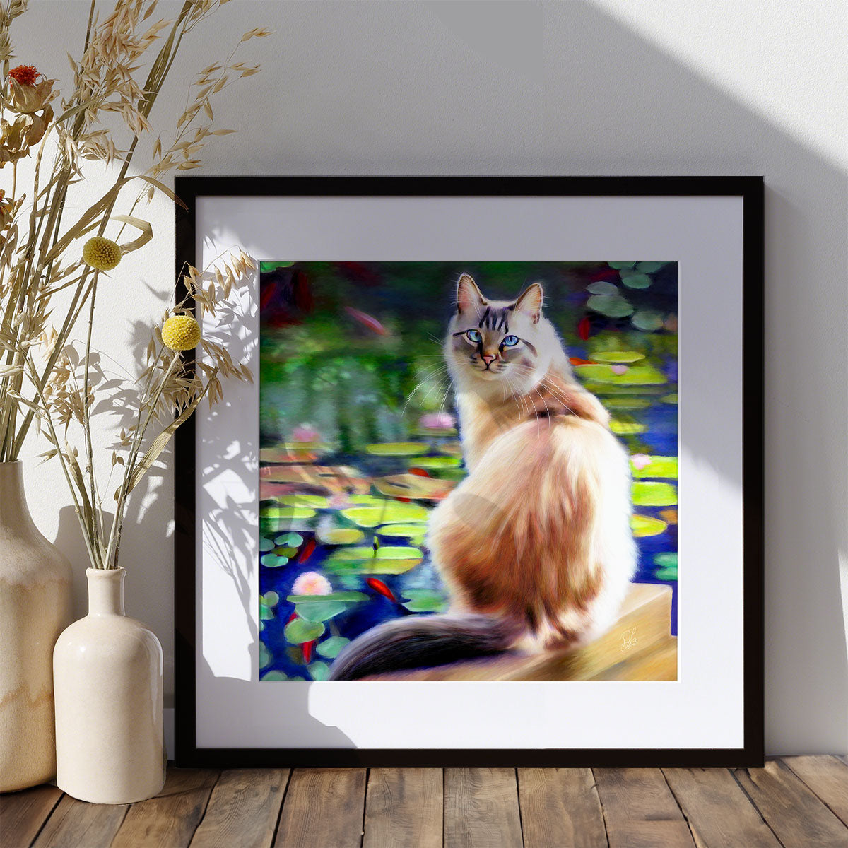 fine art print of a longhaired cat sitting by a fishpond fill of goldfish and lily pads