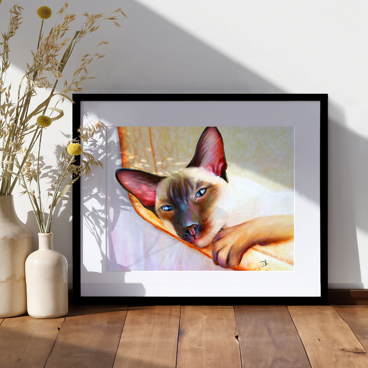 art print of a siamese cat lying in a hammock