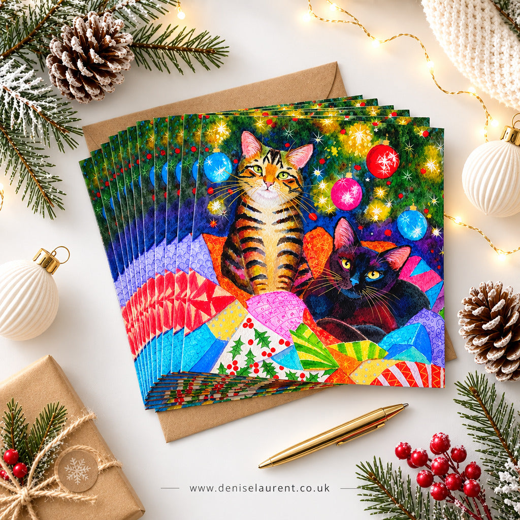 A person holds a Christmas-themed greeting card featuring two cats under a decorated Christmas tree. The scene is set in a cozy indoor environment with warm lights, a window with snowy outdoor view, and wooden house ornaments in the background. Text reads pack of 10 cards.