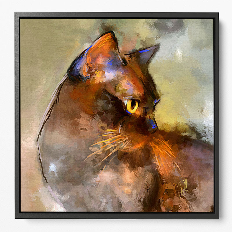 Semi-abstract, contemporary Burmese cat wall art by Denise Laurent of The Painted Cat. She is a brown cat with yellow eyes and a warm green background.