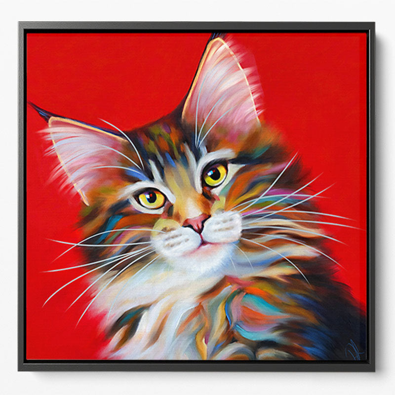 Framed artwork of a tabby Maine Coon cat with striking colours on a red background, ideal for enhancing any space with Maine Coon cat wall art.