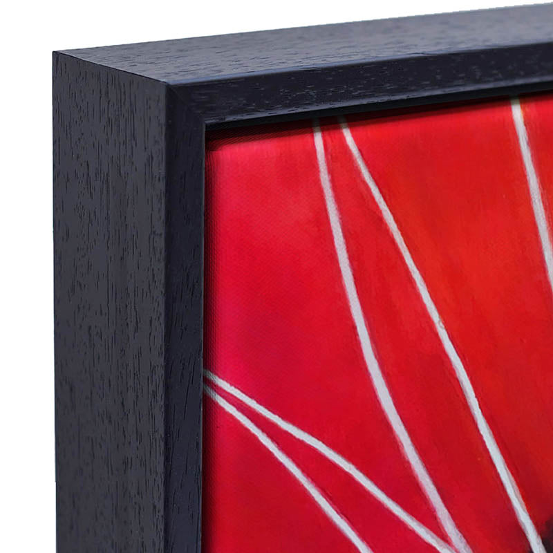 Detailed view of the beautiful  deep stretched canvas,  framed in a beautiful black solid wood float frame.