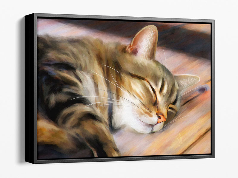 tabby cat wall art, featuring a tabby cat peacefully sleeping in a sunlit spot on the floor.