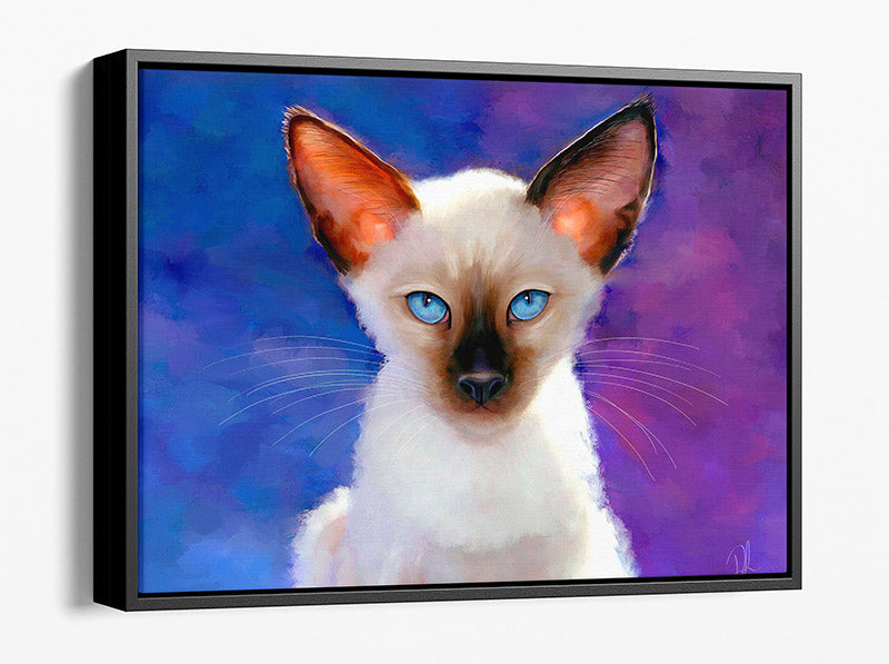 Stunning portrait of a Siamese cat with beautiful blue eyes,  against a purple and blue background. This is a framed canvas print.