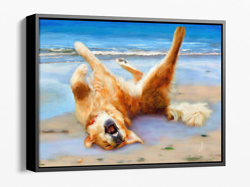 Life's A Beach - Framed Canvas Print. Golden Retriever wall art of Max joyfully playing on the beach.