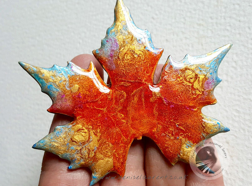 London Plane Leaf Brooch - Red Gold Blue