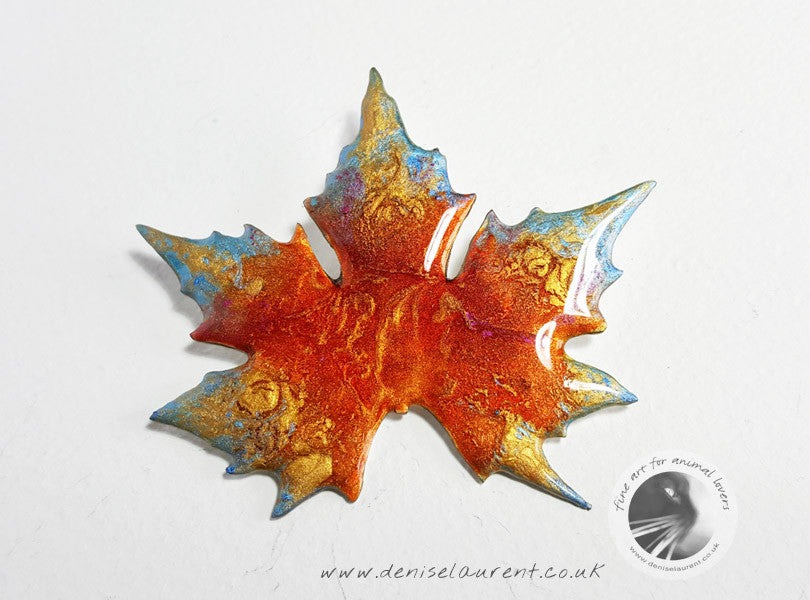 London Plane Leaf Brooch - Red Gold Blue