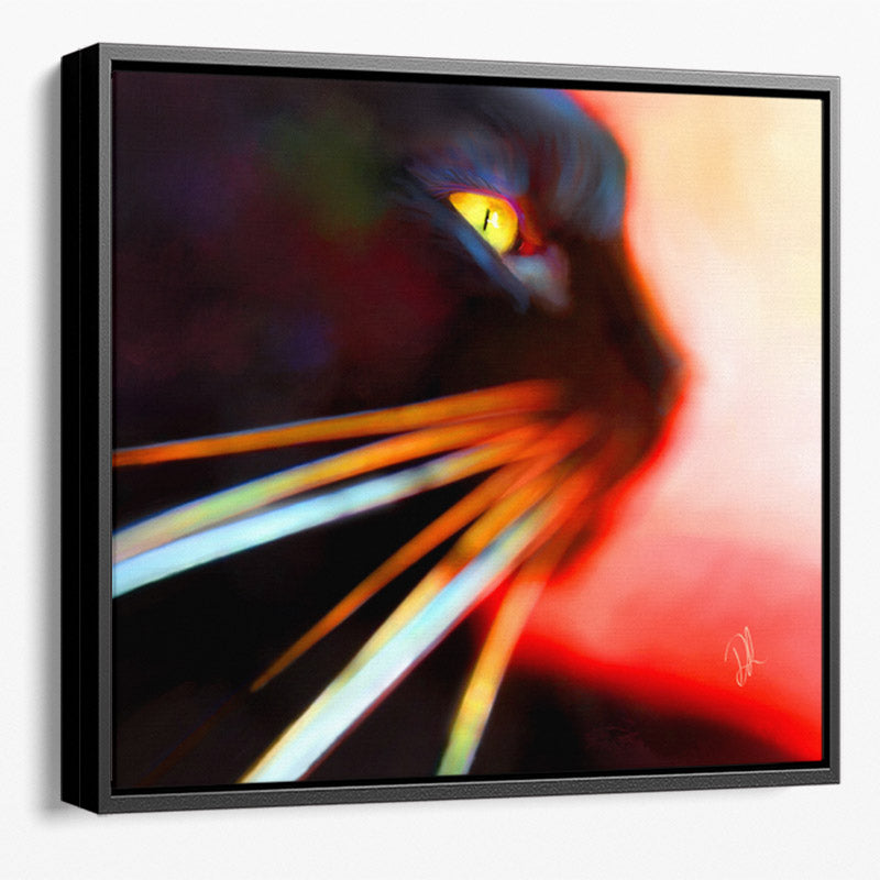 A stylish black cat framed canvas print. A close up of a black cat in a semi abstract artwork,   with vibrant colours and striking details.