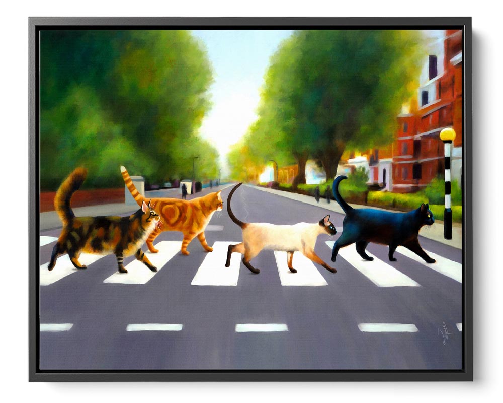 Abbey Road Cats - Framed Canvas Print featuring a tabby, Maine Coon, Siamese, ginger, and black cat crossing the famous Abbey Road.