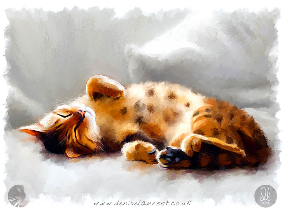All Curled Up - Bengal Cat Art Print featuring a Bengal cat sleeping comfortably on a sofa, embodying a cozy, relaxed vibe, perfect for cat lovers.