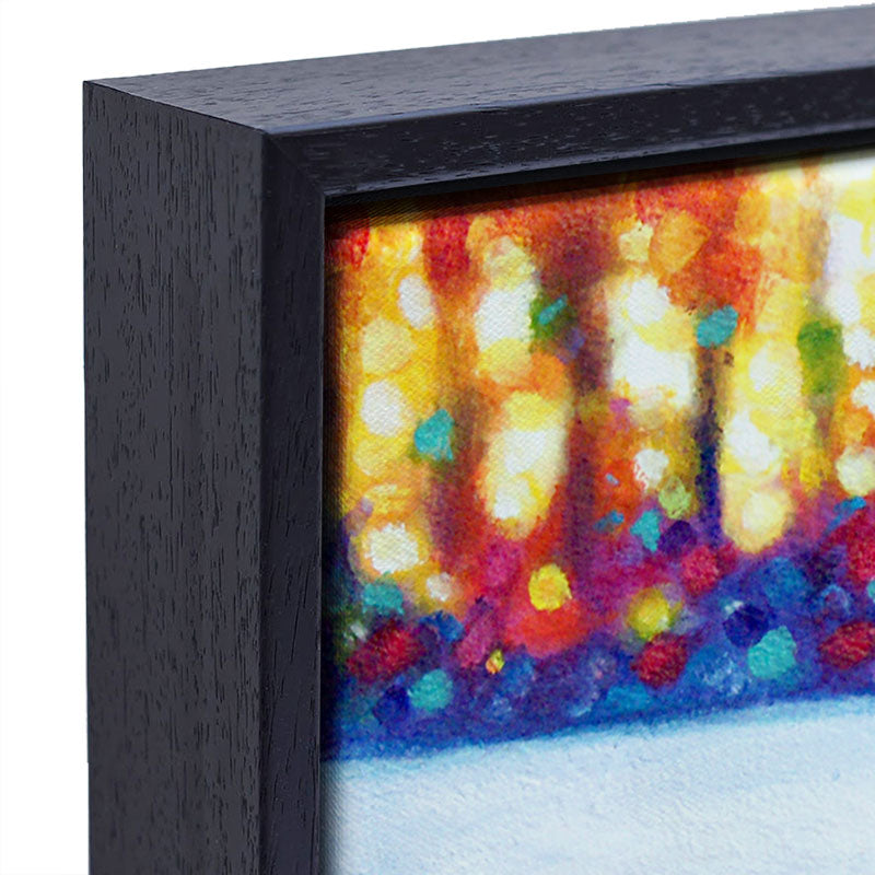 Ginger Cat Framed Canvas Wall Art. A Burmese cat cautiously walking through snow shaking his back paw. 