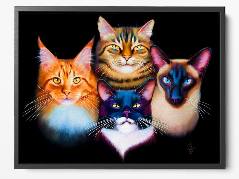 Bohemian Catsody framed canvas print featuring four colourful cats: a tabby, Maine Coon, a Siamese, and a tuxedo cat, against a black background.