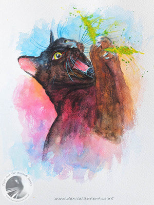Catch! Black Cat Watercolour Painting