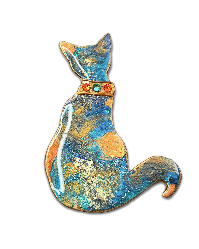 Collar Cat Brooch - Orange Turquoise