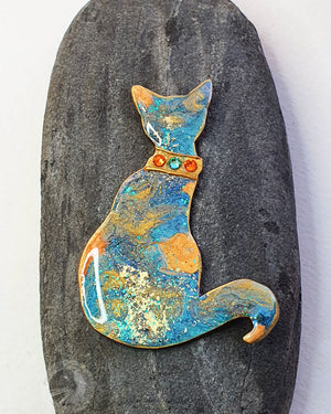Collar Cat Brooch - Orange Turquoise