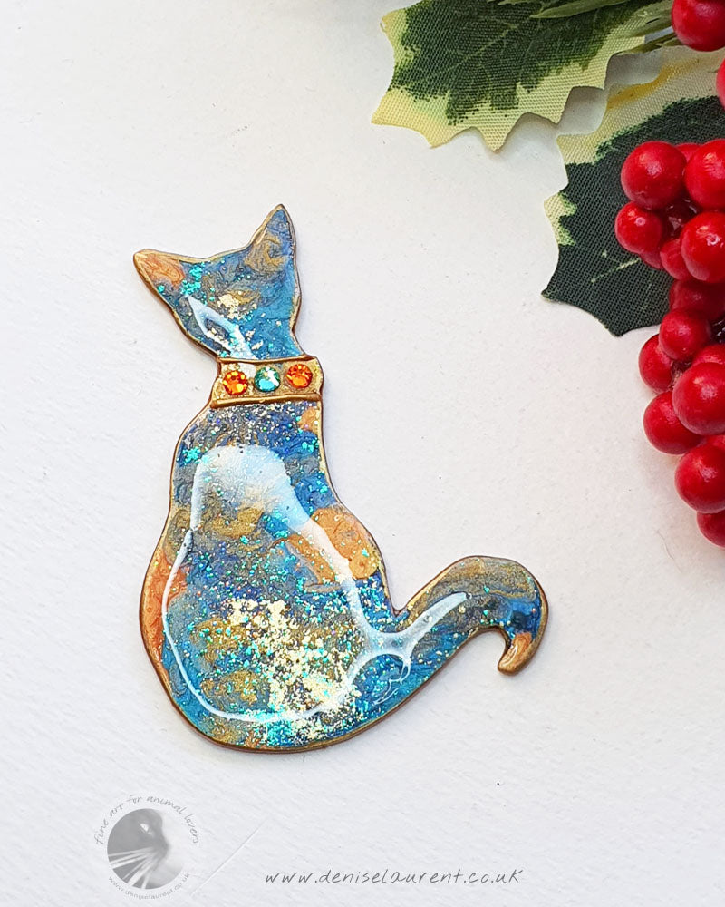 Collar Cat Brooch - Orange Turquoise