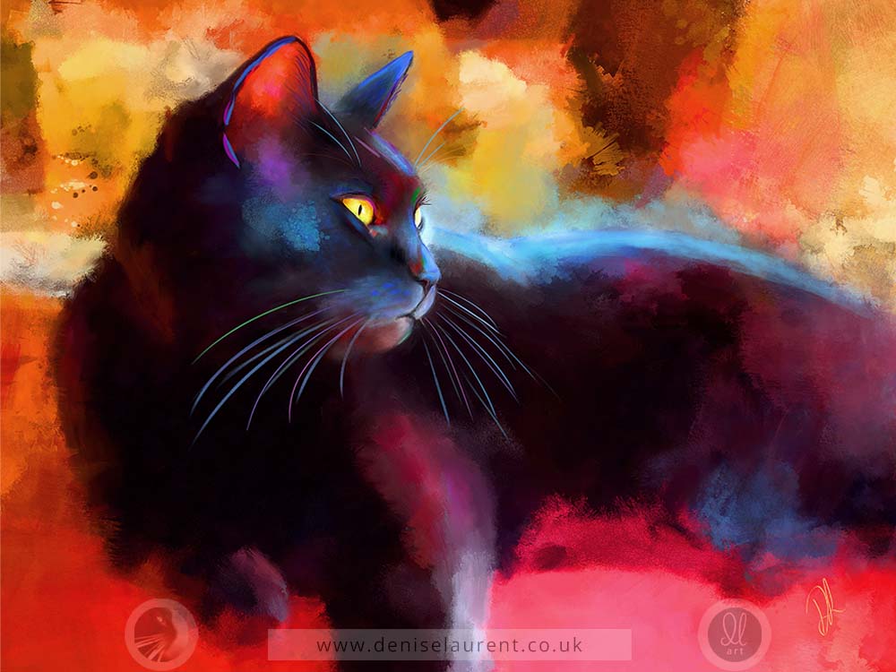 'Day Dreamer - Black Cat Wall Art' featuring a striking black cat against a vibrant background, perfect for black cat lovers.