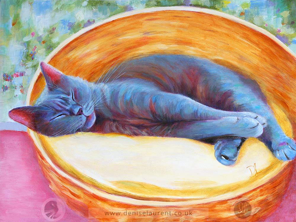 art print of a blue cat fast asleep