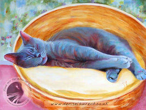 art print of a blue cat fast asleep