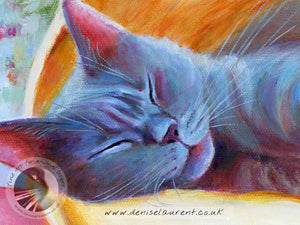 detail of a blue cat fast alseep art print