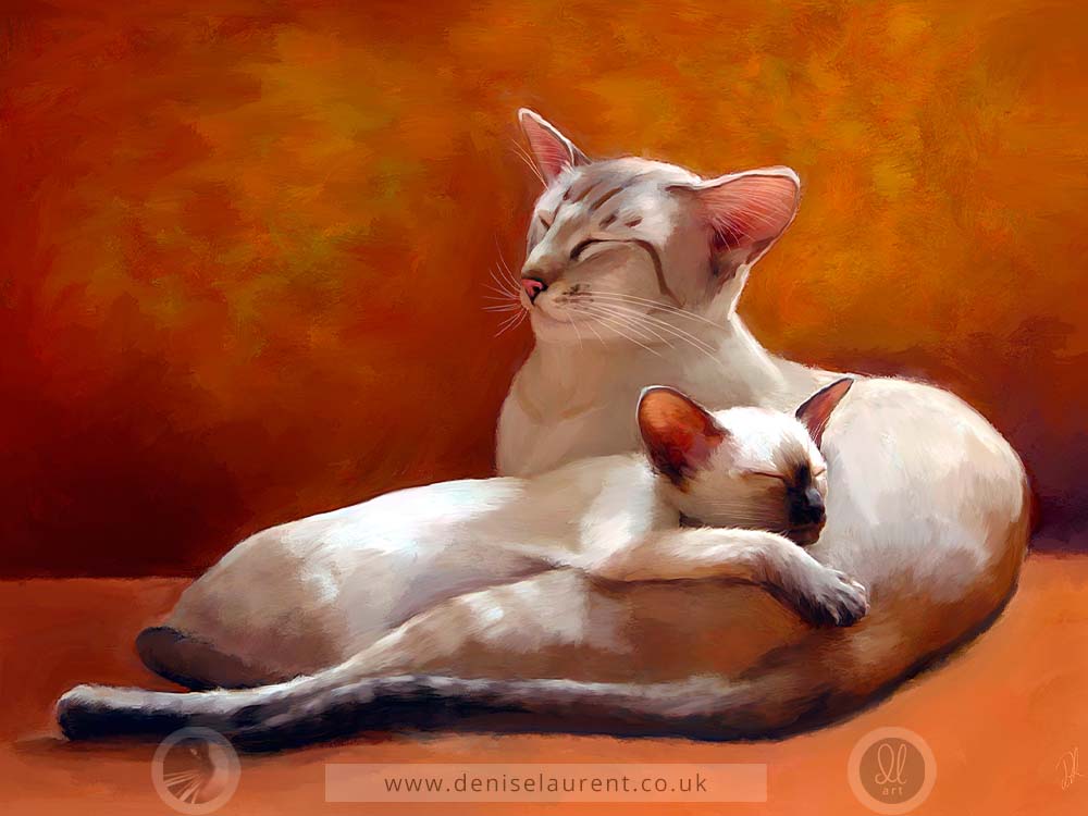 an art print of a siamese cat and kitten curled up on an orange sofa