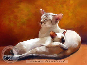 an art print of a siamese cat and kitten curled up on an orange sofa