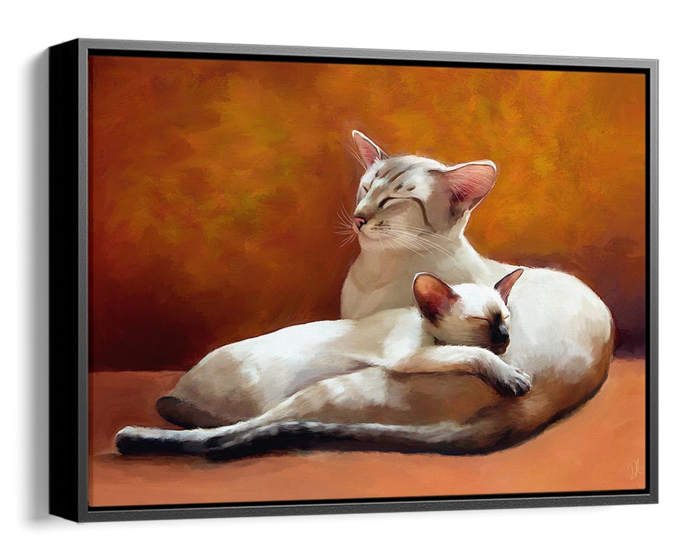 Father and Daughter - Framed Canvas Print showing a serene scene of a Siamese cat and kitten snuggling together, on an orange sofa, perfect for a warm and inviting home decor. 