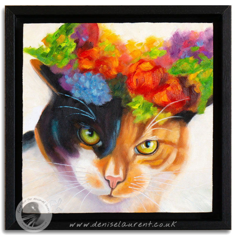 Flower Cat 2 8"x8" Framed Oil Painting