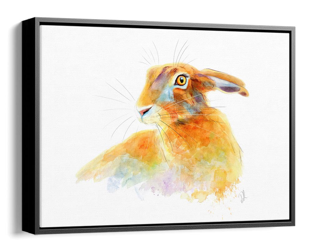 Golden Hare - Framed Canvas Print showcasing a cheerful hare with vibrant golden, lilac, and turquoise hues, ideal for adding character to your home.