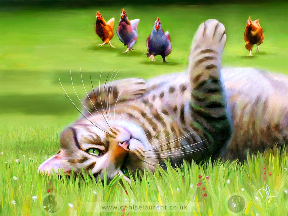 tabby cat art print - cat lying in the grass and chickens come running