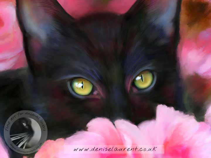 fine art print of a black kitten hiding in the pink roses