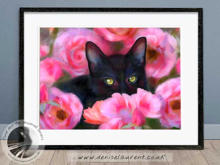 black cat and roses artwork framed