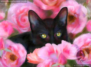 fine art print of a black kitten hiding in the pink roses